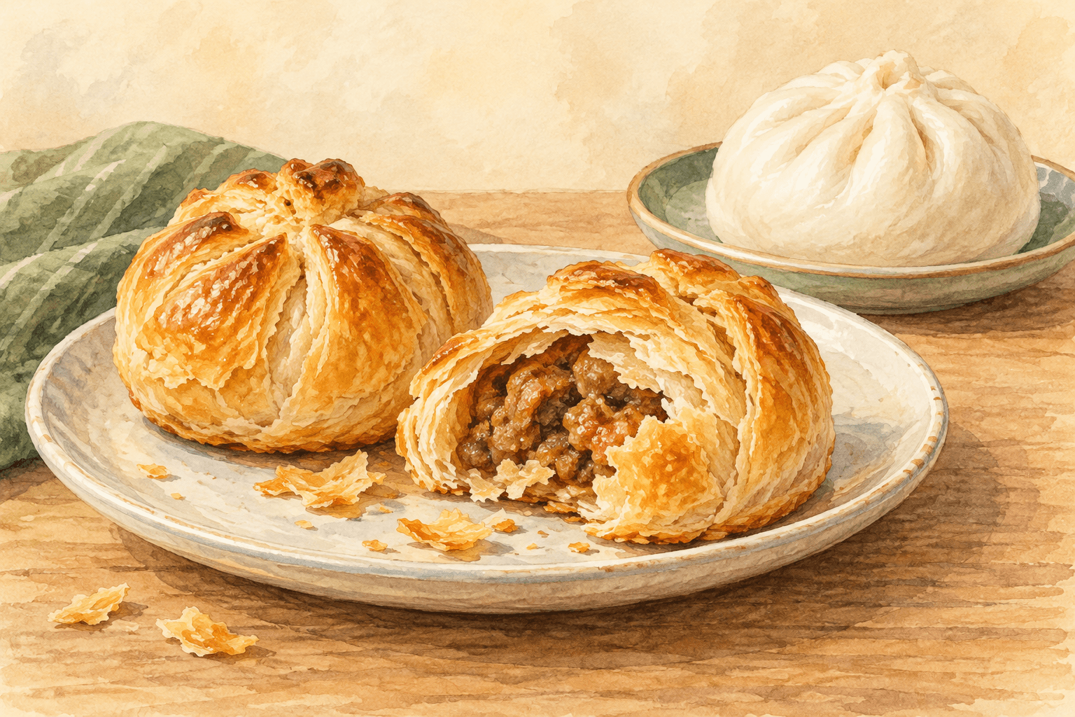 AI watercolor illustration comparing golden baked pastry buns with a white steamed bun; not a photograph of a Seremban shop's products