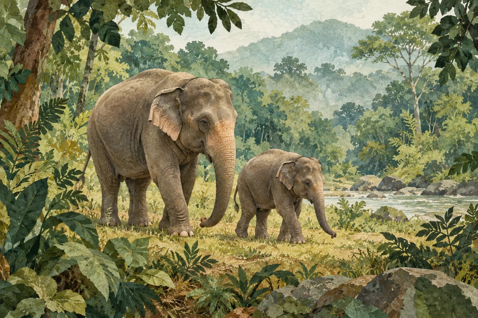 Original AI watercolour illustration of an adult and a young Asian elephant in an imagined forest; not Kuala Gandah's actual animals or grounds