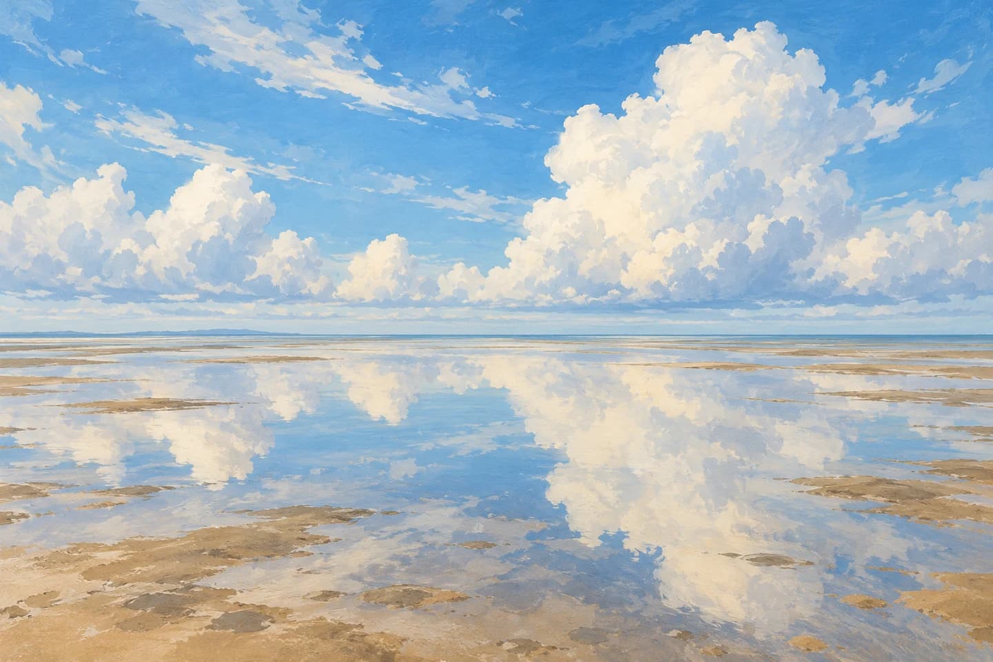 Original painted concept illustration of clouds reflected in shallow water over a sand flat; not a photograph of Kuala Selangor or a promised view